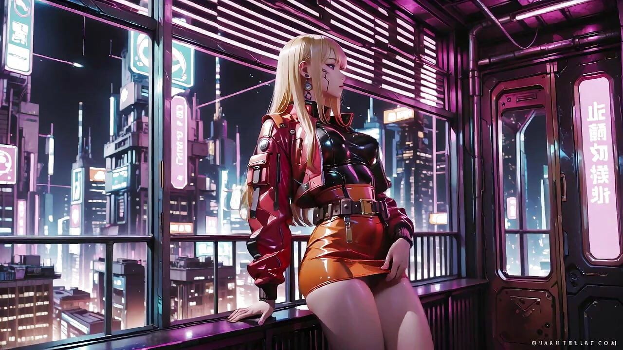 Cyber Queen's Wet Fantasy! Red leather jacket glistening under neon rain, kneeling pose that breaks the armor