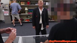 Threeway pawnshop groom gets cum in mouth POV