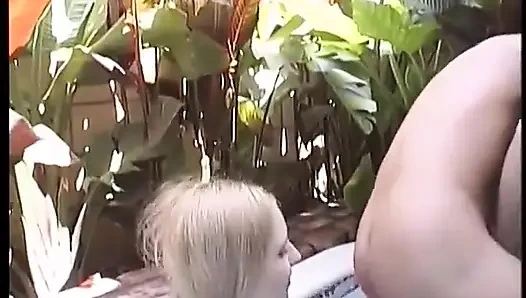 Pigtailed blonde lesbian licks his cum out of her brunette friends pussy