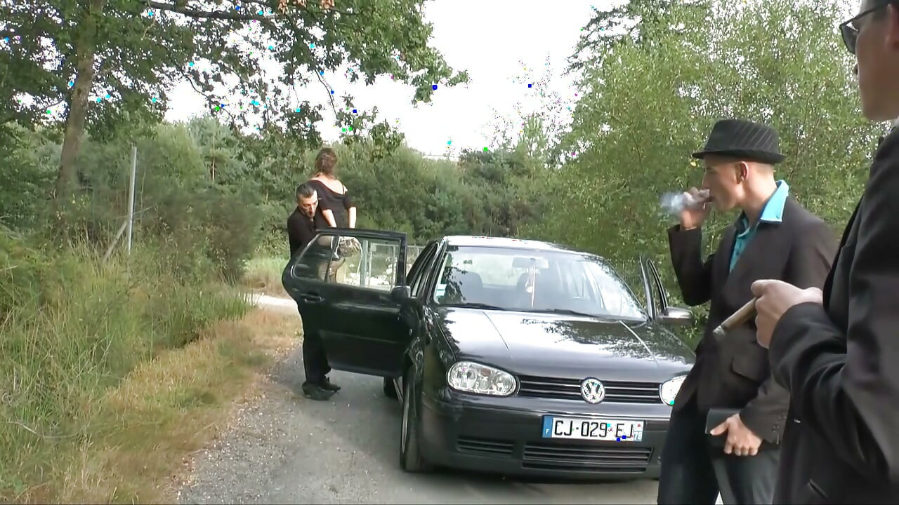 Naughty French couple is having fun outdoors with sexy brunette