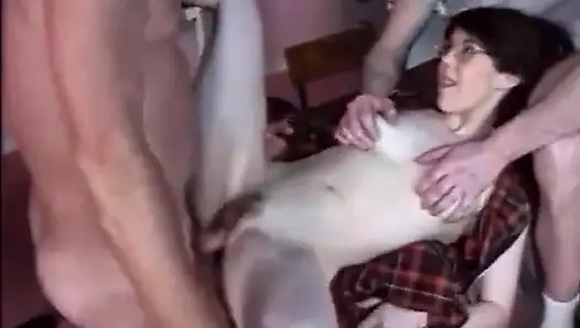 Sexy teen with hairy cunt gets anally drilled in a threesome