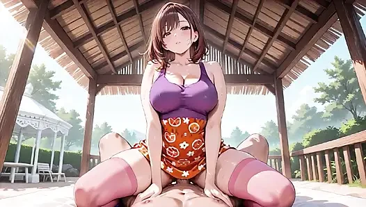 Hentai-schönheit mit dicken titten hüpft leidenschaftlich auf der tropischen Veranda - tropfnass!