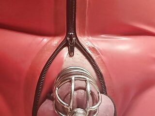 Milked the penis cage in a latex catsuit with MagicWand