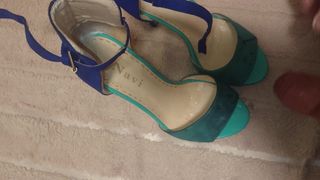 Cumshot on new suede high heels sandals