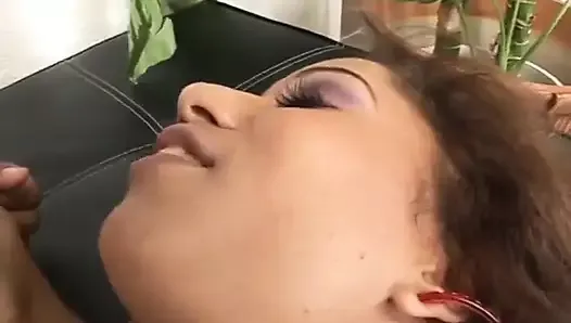 Dark-hair babe sucks and takes thick black dick in living room