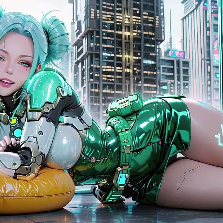 Cyber Warrior Fantasy! Silver-haired Beauty in Green Metal Armor, Switching Between Neon Streets and Pure White Bedrooms.