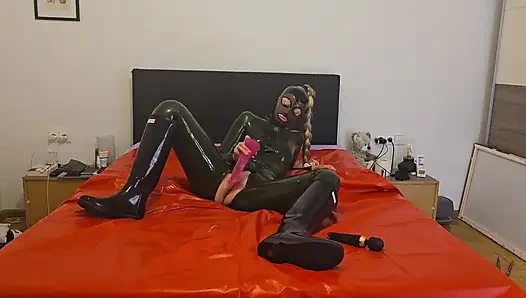 Latex Girl in Rubber Boots Masturbate with Dildo and Magic Wand Until Her Orgasm! She Love It to Moan!