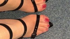 Wet Feet with red Toes in Nude Nylons & strappy Heels