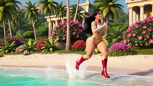 Wonder Woman Relaxes Nude In Themyscira Paradise Island With Crystal Lagoon And Powerful Waterfall