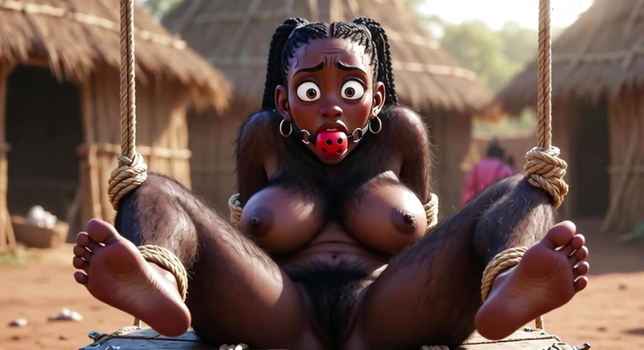 African Black Hairy Woman in Bondage - Waiting to Be Fucked by Tribe