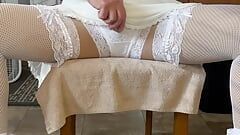 Jacking off in white lingerie and stockings