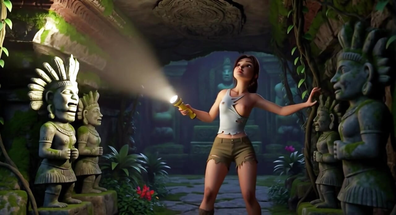 Lara Croft opdager Amazonas skat og omfavner smukke blonde forfædres ånd i de gyldne huler