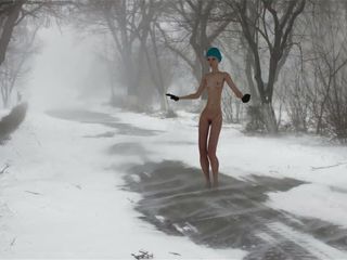 在暴风雪中跳舞的裸体女孩