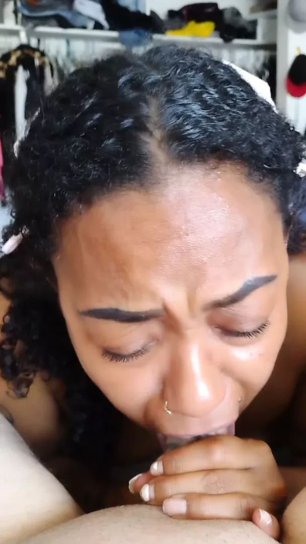 Hot Ebony Blasian deepthroats white cock till she spits out cum