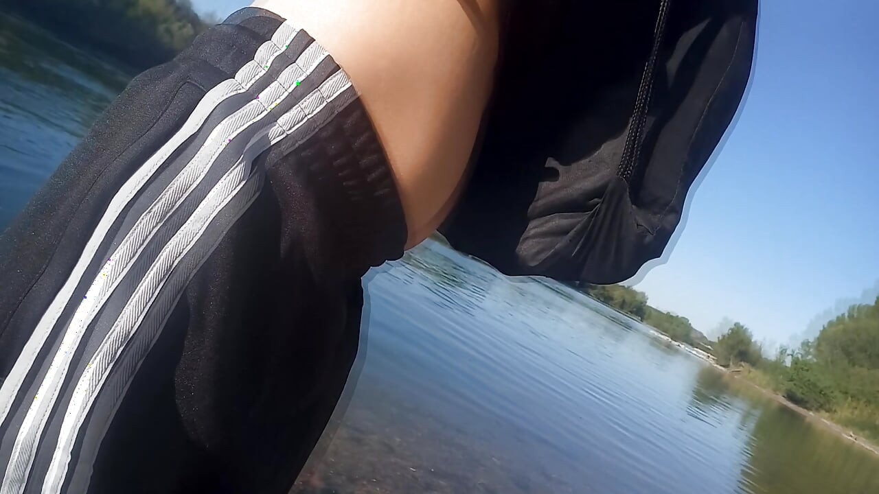 Who will spot this twink in a black and white adidas tracksuit, flashing his cock in public going commando freeballing, peeing i