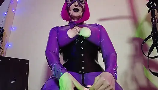 Fetish Rubber Dominatrix Eva Latex Purple Dress Mask Big Ass MILF Toys BDSM Femdom Solo Hot
