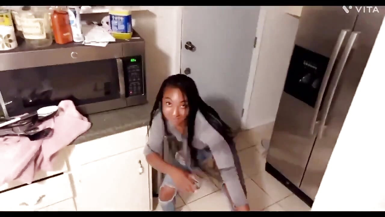 Sex in the Kitchen with Petite Ebony Wife Who Never Got Fuck in the Ass Before