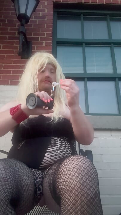 Sissy slut playing with bbc dildo in public