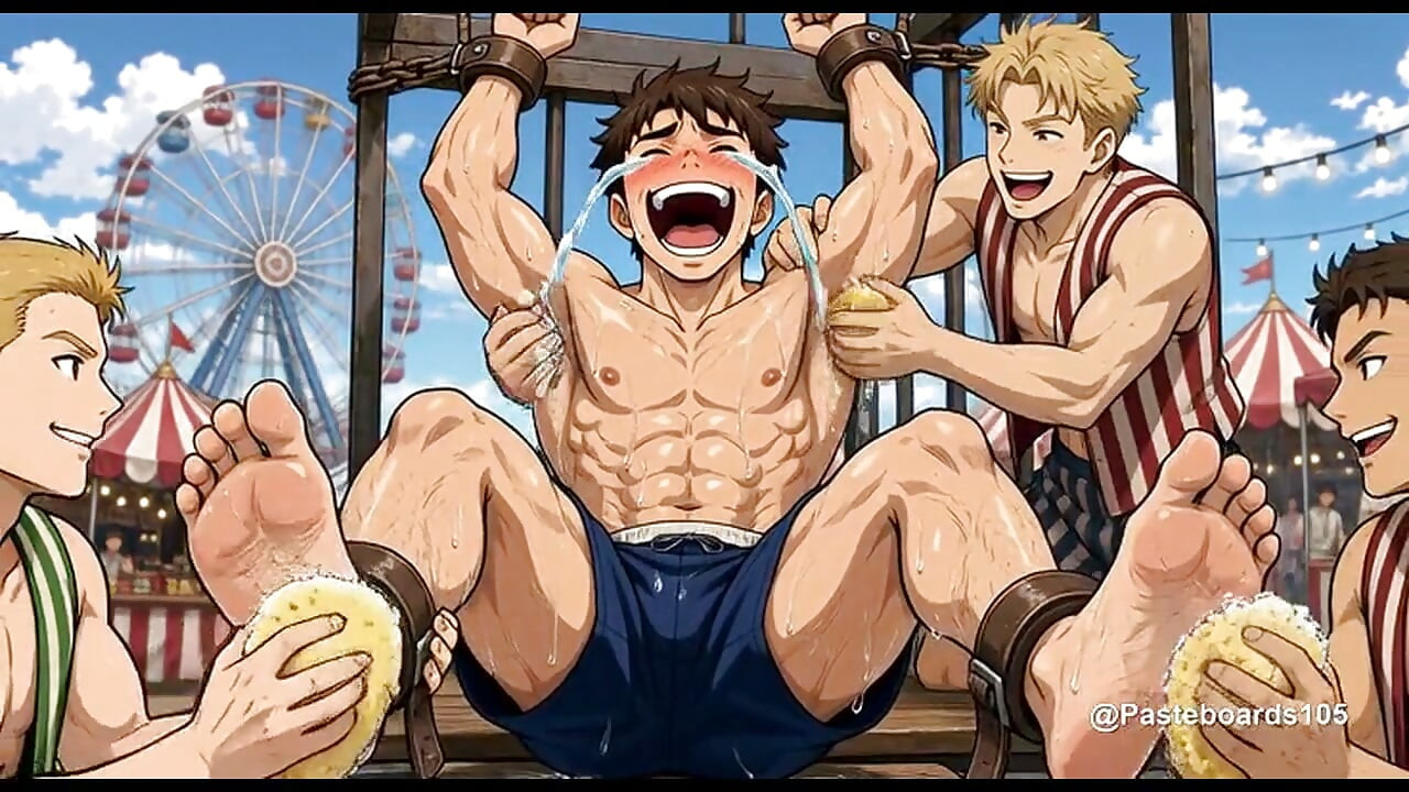 Připoutaný na sedátku karnevalové střelnice, houby a prsty na chodidlech a podpaží (2D anime)