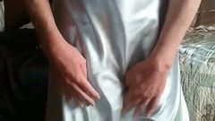 Satin stroking in two nightgowns