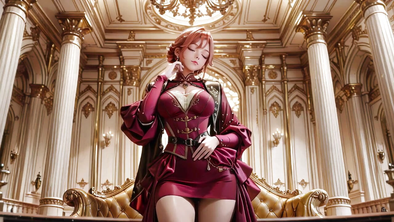 Reine rouge sur le trône doré ! Robe de velours profond, menton paresseusement posé sur la main, et un regard qui vous transperce.