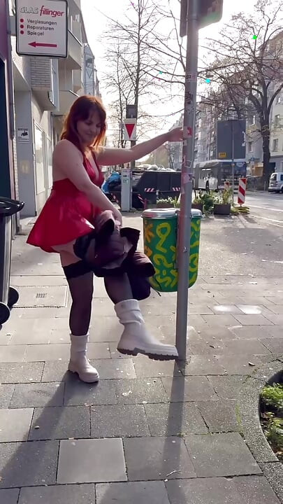 Public Walk and Flashing in Lingerie and Stockings