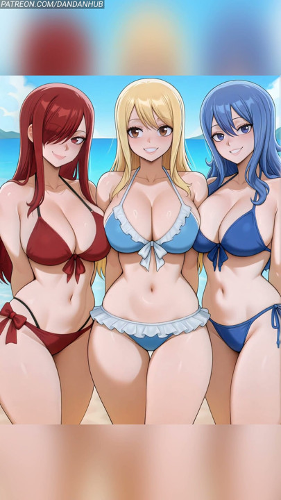 Lucy Erza e Juvia Beach de biquíni saltam - Fairy Tail