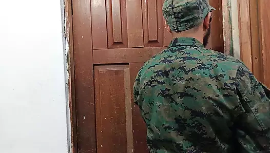 A doctor sensually gropes a soldier in the doctor's office during a consultation.