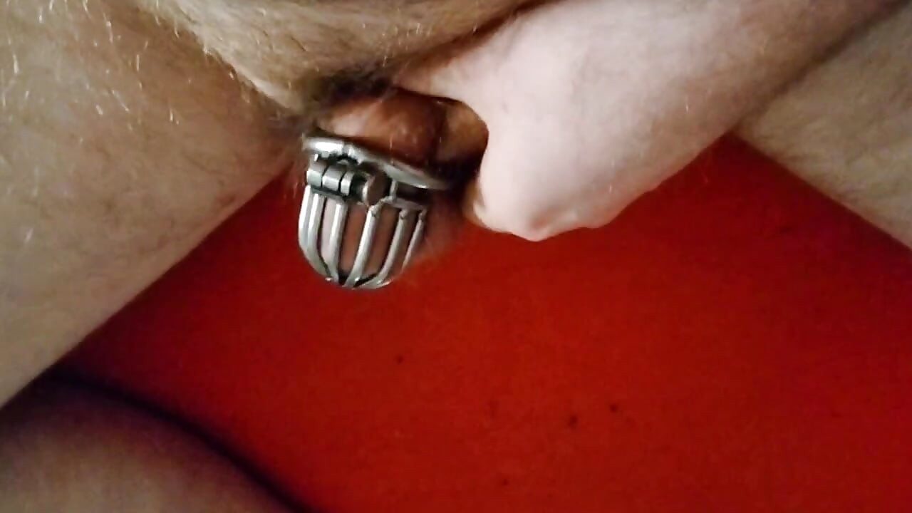 Redhead faggot jerks off desperately in chastity cage