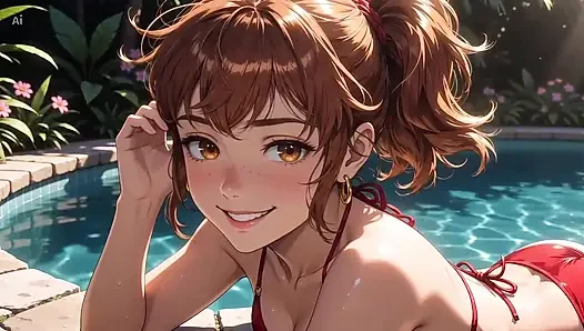 AI Girl Sensually on the Pool - Studio Ghibli Style
