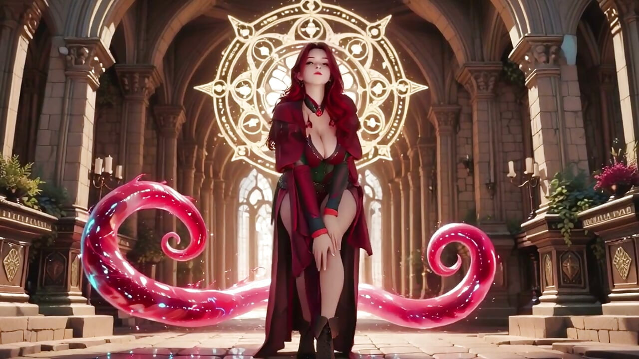 Nữ phù thủy tóc đỏ thức tỉnh! Quỳ gối trong nhà thờ Gothic, những vầng hào quang vàng bao quanh cô khi chiếc váy của cô được vén lên.