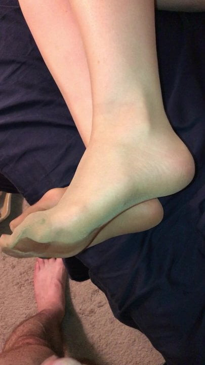 Cum all over her tan pantyhose feet