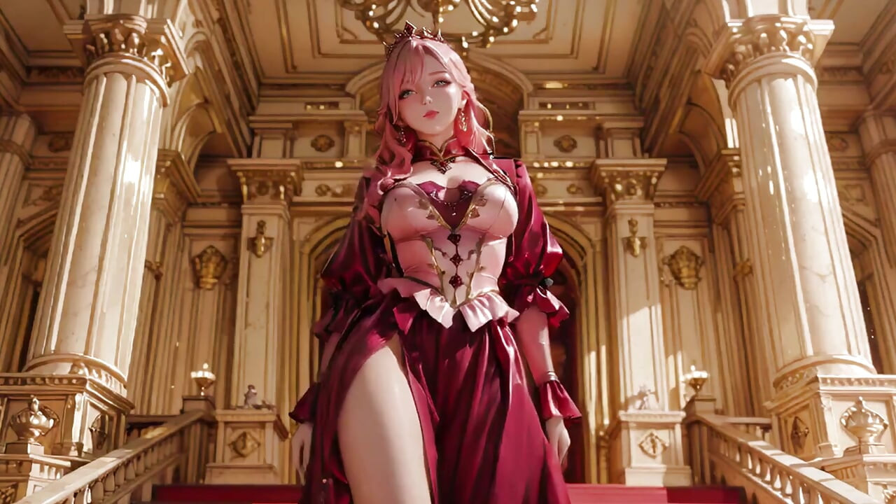 The Pink Queen's Coronation! Deep red silk, golden goblet, and a lazy gaze from the throne. Pure fantasy.