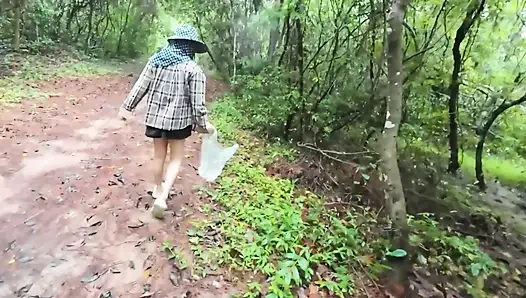 Thai girls walking and talking and picking mushrooms in the forest, secretly showing in the deep forest Clear Thai voice