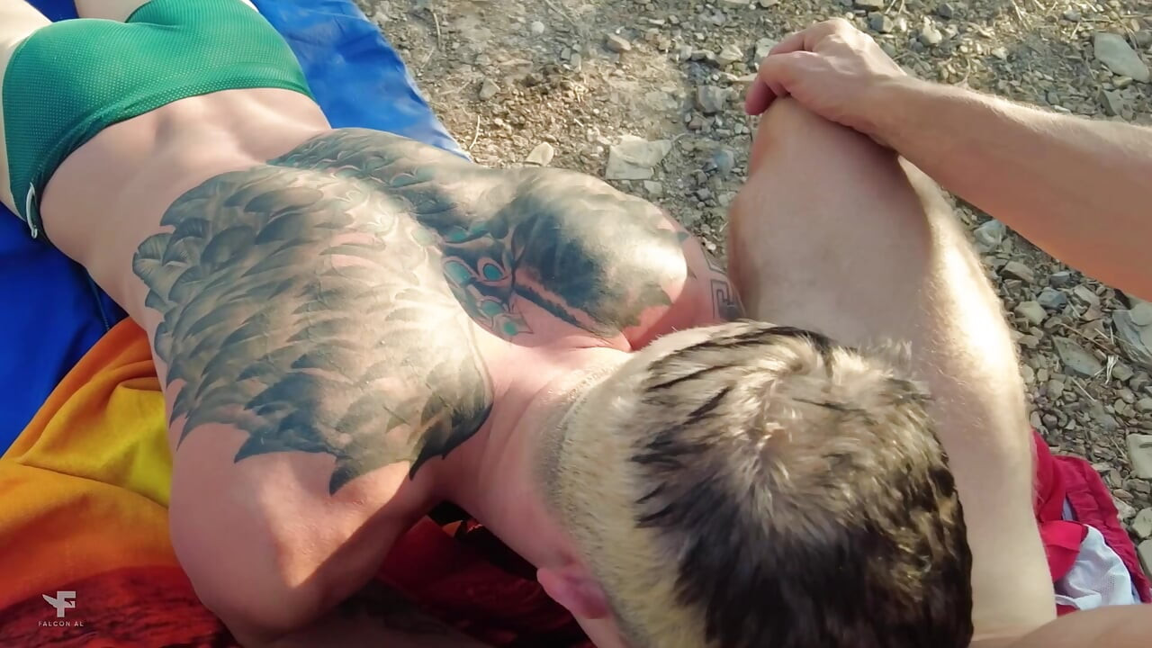 The guy moans softly with every thrust of the cock - guys fucking at a picnic