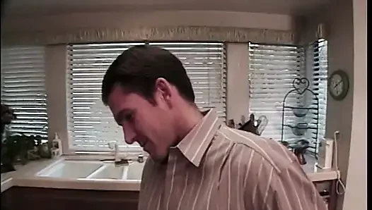 Cute flexible blonde does a split while big cock pounds her ass in the kitchen
