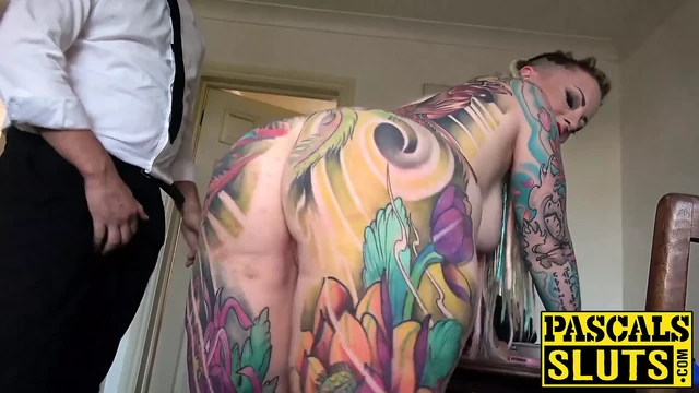 Busty inked babe dominated and fed with big dick