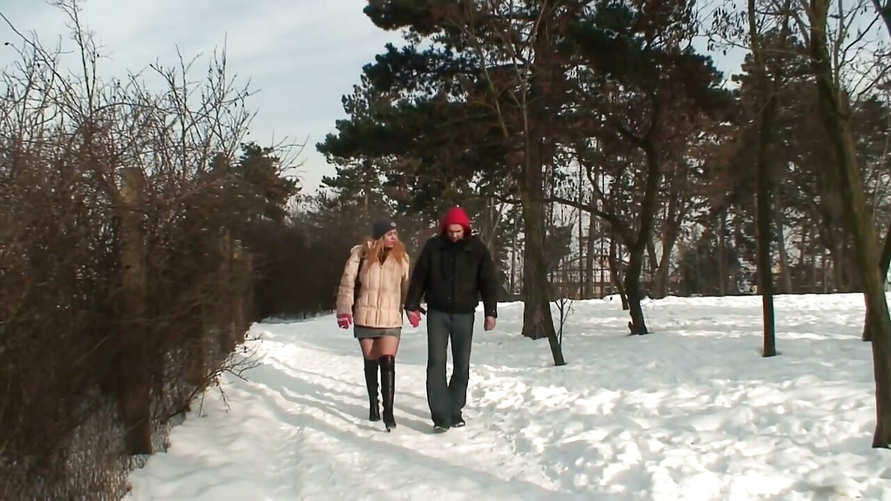 Blonde slut wearing fisnet stockings getting banged in snow outdoors