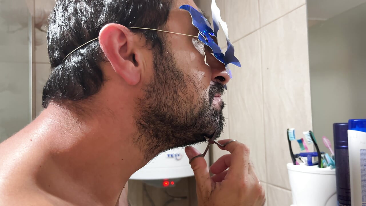 Grooming Routine Earl Smile Trimming Beard With Scissors In Bathroom