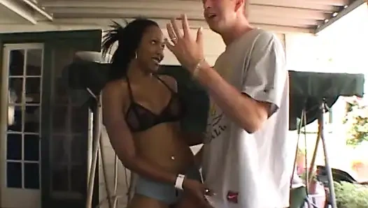 White boy bends black slut over and drills her from the rear