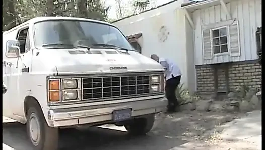 Two guys watch a slutty blond get fucked in her pussy by a machine