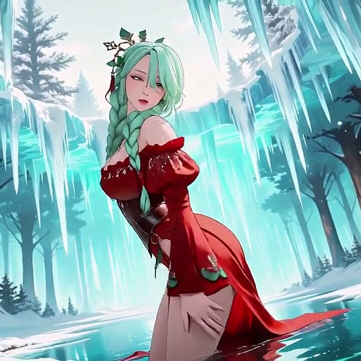 Green-haired Goddess in Red Gown Kneels in the Crystal Hall, Magic Spells & Sensual Glances!