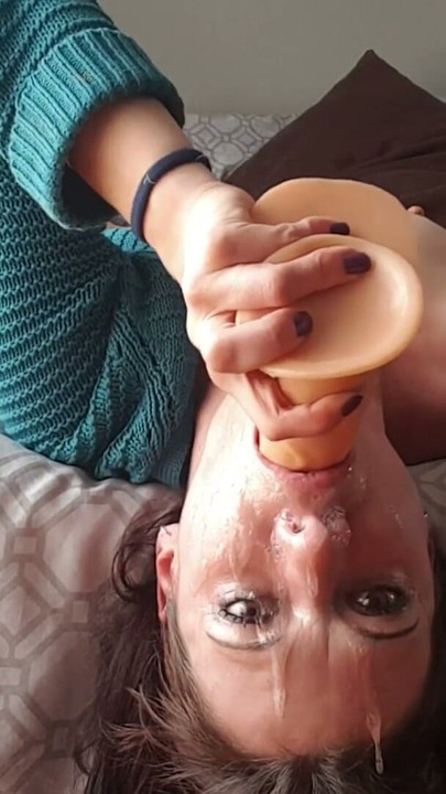 Skinny girl getting very sloppy, deepthroating her own throat with a dildo | Clip 2