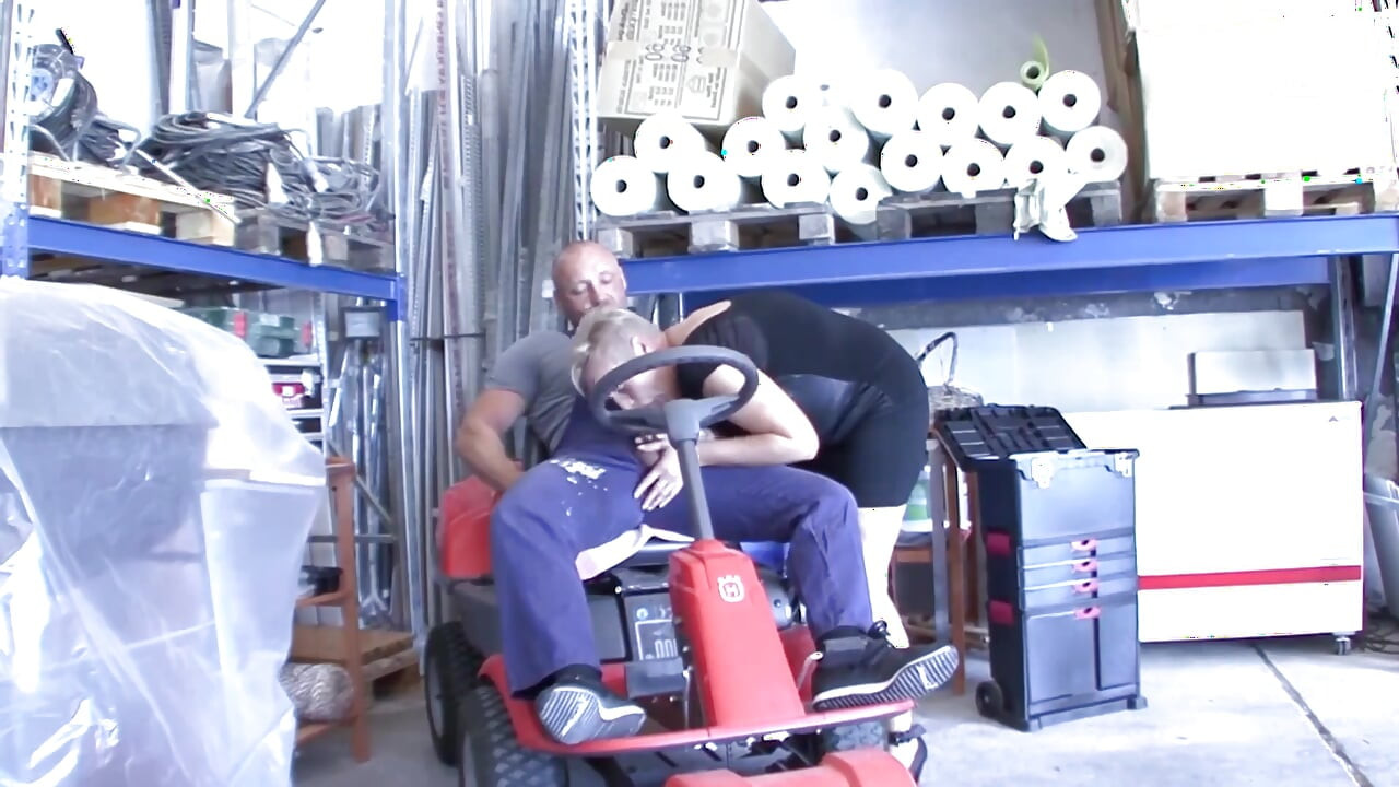 Mature Blonde Stretched Wide on Lawnmower with Dripping Cum