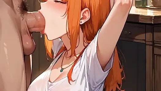 Anime ai karım mutfakta beni derin gırtlağına kadar baştan çıkarıyor ve tatlı için spermimi yutuyor