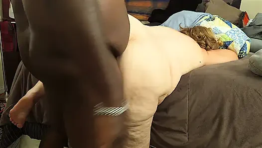 Big fat ass white woman almost got caught getting fucked and making black man moan loud, while he is cumming hard inside her