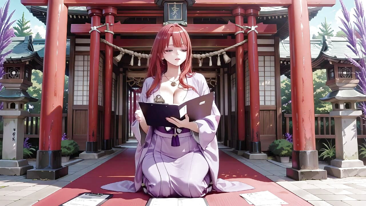 Rudowłosa bogini Kimono! Klęcząc pod świętą bramą Torii, ona reguluje swój namoczony bez pleców strój nieśmiałym spojrzeniem.