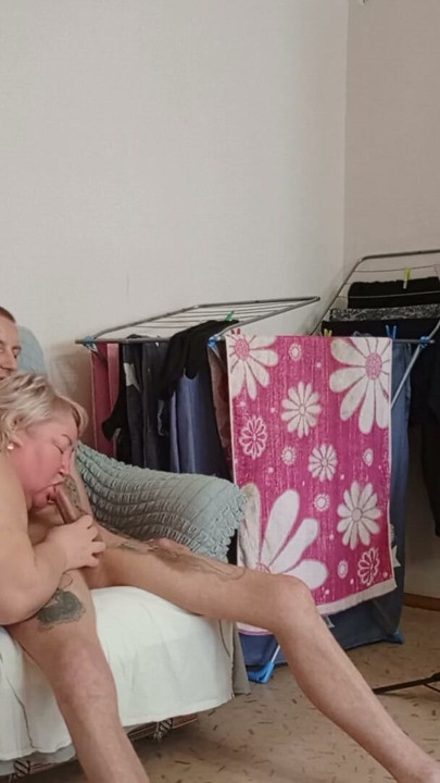 Sucking my stepson's dick until he gets a cumshot while we're alone at home | Clip 1