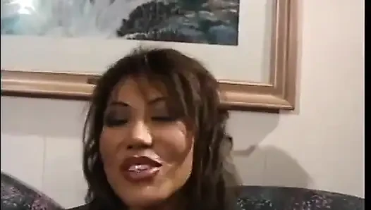 Two guys double penetrate big titty Asian on couch till they cum on her