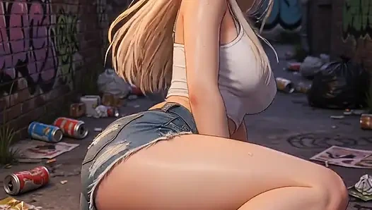 Pirang dengan atasan putih dan payudara tebal, masturbasi di gang samping